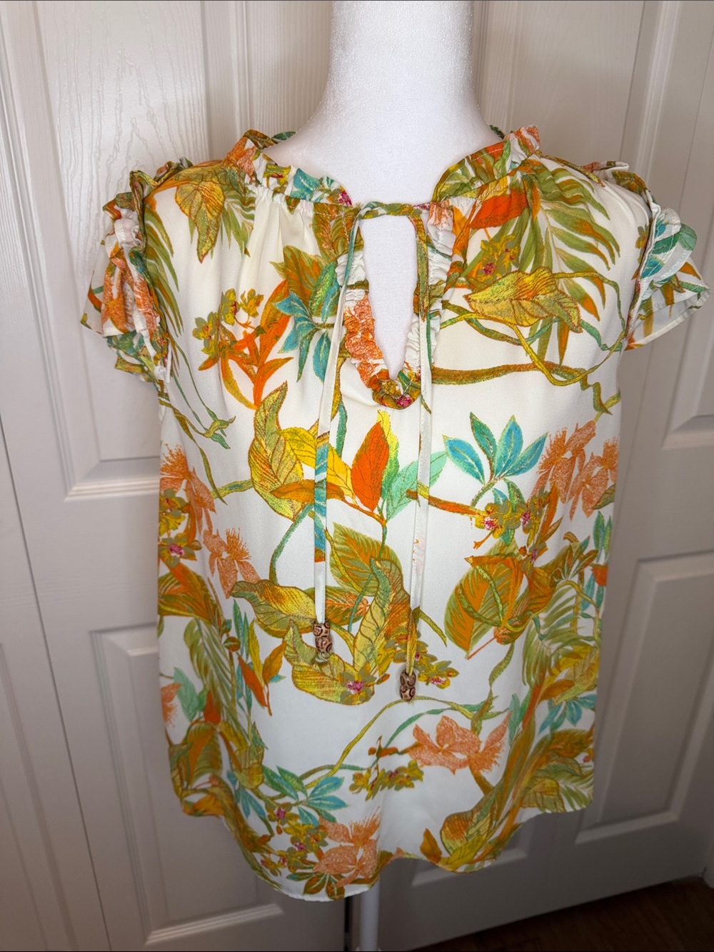 Rose & Olive Cream Floral Tie-Neck Blouse with Green & Orange Leaves